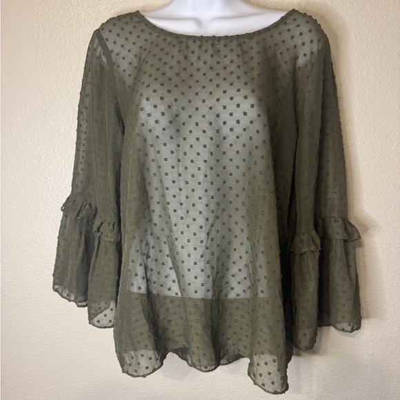krazy kat Tops - Krazy Kat Olive Green Sheer Swiss Dot Bell Sleeve Blouse – Women’s Medium